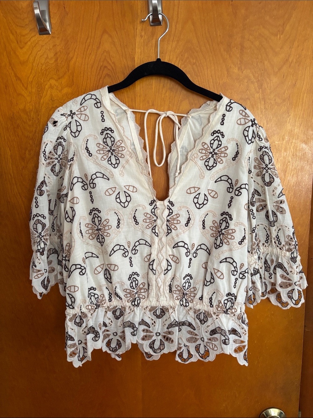 Anthropologie Cream Blouse with Brown Embroidered Motif